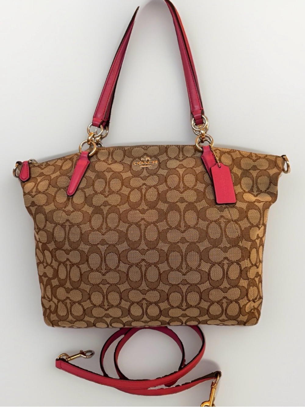 Coach Kelsey Satchel in Signature Canvas with Pink Leather Trim
